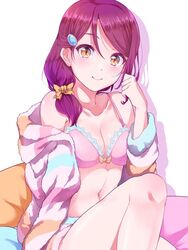  bangs bare_shoulders blue_pillow blush bow bow_bra boyshorts bra breasts cleavage collarbone female hair_between_eyes hair_ornament hair_over_shoulder hairbow hairclip kanabun lace lace-trimmed_bra lace_trim long_hair looking_at_viewer love_live! love_live!_sunshine!! navel orange_pillow pillow pink_bra pink_pillow red_hair sakurauchi_riko side_ponytail sidelocks simple_background sitting small_breasts smile solo sweater underwear white_background yellow_eyes 