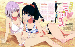  2boys 2girls absurdres animage arm_support ass bare_legs bare_shoulders barefoot beach bikini black-framed_eyewear black_bikini black_hair black_pants black_vest blue_eyes blue_footwear blue_hair blue_shirt bob_cut body_blush breast_pocket breasts cleavage collarbone collared_shirt day english_text frilled_bikini frills front-tie_bikini_top front-tie_top glasses gridman_universe hair_between_eyes hair_ornament hair_over_shoulder hair_scrunchie hand_in_another&#039;s_hair hand_on_another&#039;s_waist hands_in_pockets hibiki_yuuta highres ishige_rie jacket knees_together_feet_apart large_breasts layered_bikini light_purple_hair long_hair looking_at_viewer lying magazine_scan medium_breasts multicolored_footwear multiple_boys multiple_girls navel necktie official_art on_side open_clothes open_jacket outdoors page_number pants parted_lips pink_eyes pocket ponytail print_bikini print_shirt rectangular_eyewear red_footwear red_hair red_necktie red_scrunchie red_wristband sand scan school_uniform scrunchie seashell shell shinjou_akane shirt shoes short_hair sitting smile sneakers ssss.gridman sweater_vest swimsuit takafuji_aya takarada_rikka talking tongue translation_request twitter_username ushiyama_yumi utsumi_shou vest watanabe_yukihiro watermark web_address white_bikini white_footwear white_jacket white_shirt wristband 