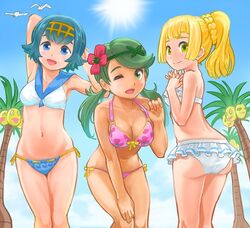  3girls adapted_costume alolan_exeggutor arms_behind_head ass bent_over bikini bikini_skirt blonde_hair blue_hair breasts cleavage collarbone commentary_request dark-skinned_female dark_skin green_hair himeshaga lana_(pokemon) lillie_(pokemon) mallow_(pokemon) medium_breasts multiple_girls one_eye_closed outdoors pokemon pokemon_(anime) pokemon_(creature) pokemon_sm_(anime) ponytail sailor_bikini sailor_collar short_hair side-tie_bikini_bottom skindentation swimsuit wingull 