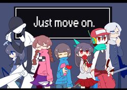  1other 3boys 3girls androgynous android ao_oni baseball_bat baseball_cap baseball_uniform black_hair blue_eyes braid brown_hair closed_eyes colored_skin commentary crossover doukutsu_monogatari english_text flower frisk_(undertale) genre_connection glasses grey_eyes hat heart highres hiroshi_(ao_oni) holding holding_baseball_bat ib_(ib) ib_(kouri) knife long_hair madotsuki moochasu multiple_boys multiple_crossover multiple_girls off_(game) op_na_yarou quote_(doukutsu_monogatari) red_eyes red_flower red_rose rose scarf school_uniform silver_hair skirt sportswear the_batter_(off) towelket_wo_mou_ichido twin_braids undertale white_skin yume_nikki 