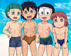  4boys black_hair doraemon green_hair kukuru_(doraemon) kuruto_harutoman multiple_boys nobi_nobita red_hair roppuru shirtless 