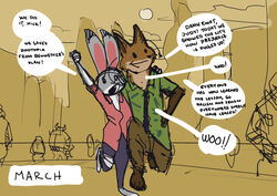  ambiguous_gender anthro axelegandersson canid canine clothed clothing disney english_text female fox fully_clothed judy_hopps lagomorph leporid male mammal necktie nick_wilde rabbit speech_bubble text zootopia 