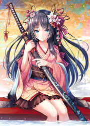  akashio_(loli_ace) bell black_hair blue_eyes blush brown_kimono brown_skirt closed_mouth collarbone commentary female floating_hair floral_print flower hair_flower hair_ornament hair_ribbon hands_up highres holding holding_sheath holding_sword holding_weapon japanese_clothes jingle_bell kanzashi kimono long_hair long_sleeves looking_at_viewer menuki obi ootachi original print_kimono print_ribbon red_ribbon ribbon sageo sash saya_(scabbard) scabbard sheath sheathed short_kimono sidelocks sitting skirt smile soaking_feet solo sword tassel water weapon white_flower 