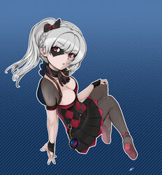  ascot black_nails black_pantyhose bow braid breasts bustier cleavage commentary_request detached_sleeves dorothy_(sharpffffff) facepaint female full_body grey_hair hairbow highres long_hair medium_breasts nail_polish original pantyhose photoshop_(medium) pleated_skirt red_eyes see-through sharpffffff short_sleeves side_ponytail skirt solo 