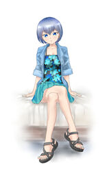  absurdres bad_id bad_pixiv_id bare_legs bed blue_eyes blue_hair collarbone crossed_legs feet female full_body highres nail_polish original pleated_skirt print_shirt puzzle_piece sandals shirt short_hair skirt solo souji_kurokawa toenail_polish toenails toes white_background 