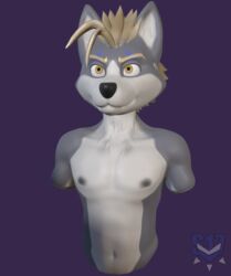  3d_(artwork) anthro blonde_hair bust_portrait canid canine canis chromakoros digital_media_(artwork) fur grey_body grey_fur hair koros_whitefang male mammal portrait purple_background simple_background solo wolf 