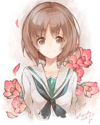  black_neckerchief brown_eyes brown_hair collarbone commentary_request dated female flower girls_und_panzer highres kuusou_ryodan looking_at_viewer neckerchief nishizumi_miho ooarai_school_uniform red_flower school_uniform shirt signature simple_background smile solo upper_body white_background white_shirt 