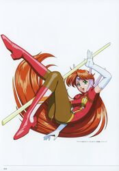  1990s_(style) absurdres ass boots breasts elbow_gloves female full_body gloves green_eyes grin helmet highres idol_janshi_suchie-pai knee_boots leotard lips long_hair medium_breasts misaki_kyouko_(suchie-pai) official_art open_mouth orange_hair page_number pantyhose red_footwear retro_artstyle scan shiny_clothes simple_background smile solo sonoda_ken&#039;ichi suchie-pai white_background 