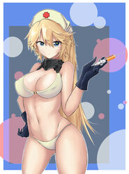  alternate_costume alternate_hairstyle ass_visible_through_thighs bikini black_gloves blonde_hair blue_eyes breasts circle commentary_request covered_nipples dmt_(auburn) female gloves hand_on_own_hip hat highres iowa_(kancolle) kantai_collection large_breasts long_hair looking_at_viewer navel nurse nurse_cap o-ring o-ring_top ponytail serious short_sleeves solo star-shaped_pupils star_(symbol) swimsuit symbol-shaped_pupils syringe thighs white_bikini 