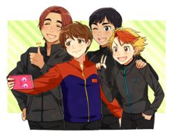  4boys :d ;d ^_^ black_hair blonde_hair brown_eyes brown_hair cellphone closed_eyes commentary_request dark-skinned_male dark_skin grey_eyes jacket ji_guang-hong leo_de_la_iglesia male_focus minami_kenjirou multicolored_hair multiple_boys oerba_yun_fang one_eye_closed open_mouth phichit_chulanont phone posca red_hair selfie smartphone smile thumbs_up track_jacket two-tone_hair v v-shaped_eyebrows yuri!!!_on_ice 