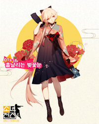  arm_up ask_(askzy) black_gloves boots bow chinese_text choker closed_mouth cross-laced_footwear female floral_print full_body girls&#039;_frontline gloves hair_over_shoulder hairbow hakama hakama_short_skirt hakama_skirt half_gloves head_tilt high-waist_skirt highres japanese_clothes long_hair low_ponytail meiji_schoolgirl_uniform official_alternate_costume official_art orange_eyes ots-14_(flurry_of_petals)_(girls&#039;_frontline) ots-14_(girls&#039;_frontline) pink_hair promotional_art skirt solo very_long_hair wide_sleeves 