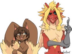  2018 4_fingers alternate_species anthro black_sclera blaziken blonde_hair blue_eyes brown_body brown_fur brown_hair duo feathers fingers fur furrification generation_3_pokemon generation_4_pokemon hair kimboltart lagomorph lopunny male mammal my_hero_academia nintendo nude pokemon pokemon_(species) red_body red_feathers simple_background smile toshinori_yagi white_background 