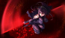  armor bad_id bad_pixiv_id blood blood_splatter bodysuit breasts commentary_request fate/grand_order fate_(series) female gae_bolg_(fate) hinomoto_madoka large_breasts long_hair motion_blur motion_lines pauldrons polearm purple_bodysuit purple_hair red_eyes scathach_(fate) shoulder_armor solo spear veil weapon 