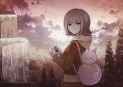  angel31424 brown_eyes brown_hair brown_skirt brown_sweater commentary danganronpa_(series) danganronpa_2:_goodbye_despair female galaga hair_ornament holding hood hooded_sweater looking_at_viewer looking_back medium_hair nanami_chiaki outdoors photoshop_(medium) pleated_skirt signature skirt solo standing sweater tree 