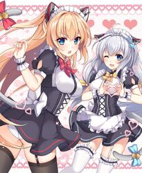  2girls ;d ahoge alternate_costume animal_ears apron ass bell black_dress black_legwear blonde_hair blue_bow blue_eyes blue_ribbon blush bow braid breasts cat_ears cat_girl cat_tail claxton_(warship_girls_r) commentary_request dress dyson_(warship_girls_r) enmaided fingernails frilled_apron frilled_legwear frills garter_straps grey_hair hair_between_eyes hair_ribbon hairbow hand_up hands_up hasu_(velicia) heart heart_hands highres jingle_bell kemonomimi_mode long_hair low_twintails maid maid_headdress mechanical_ears medium_breasts moe_moe_kyun! multiple_girls one_eye_closed open_mouth panties pleated_dress puffy_short_sleeves puffy_sleeves red_bow ribbon short_sleeves small_breasts smile sparkle tail tail_bell tail_bow tail_ornament thighhighs twintails two_side_up underwear very_long_hair waist_apron warship_girls_r white_apron white_legwear white_panties wrist_cuffs yellow_bow 