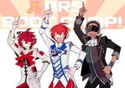  3boys arsloid ascot bad_id bad_twitter_id bandages beamed_eighth_notes black_hair colored_sclera cyber_songman dark-skinned_male dark_skin fukase hand_on_own_hip head_flag headphones jacket male_focus multiple_boys musical_note pants pointing pointing_up red_hair red_pants red_sclera saturday_night_fever scar shaved_head smile sunglasses uoshi_(uoshi777) vocaloid wristband 