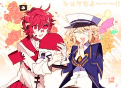  2boys ;) bad_id bad_twitter_id bandage_over_one_eye bandages blonde_hair coat fukase hat head_flag lowres male_focus multiple_boys oliver_(vocaloid) one_eye_closed pale_skin red_eyes red_hair sailor_collar sailor_hat smile top_hat unworn_hat unworn_headwear uoshi_(uoshi777) upper_body vocaloid 