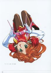  1990s_(style) absurdres boots breasts elbow_gloves female full_body gloves green_eyes grin helmet highres holding idol_janshi_suchie-pai knee_boots lips lipstick long_hair looking_at_viewer lying makeup medium_breasts misaki_kyouko_(suchie-pai) official_art on_back orange_hair page_number paint.net_(medium) pantyhose retro_artstyle scan shiny_clothes simple_background smile solo sonoda_ken&#039;ichi suchie-pai unworn_headwear unworn_helmet white_background white_gloves 