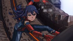  avengers:_infinity_war avengers_(series) bin1production blue_hair blurry blurry_background bodysuit brown_eyes closed_mouth commentary_request cosplay crossover female floating_hair idolmaster idolmaster_(classic) kisaragi_chihaya long_hair looking_at_viewer marvel marvel_cinematic_universe parody pose smile solo spider-man spider-man_(cosplay) standing style_parody superhero_landing taku1122 v-shaped_eyebrows 