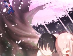  1boy aged_down bare_shoulders black_hair blue_dress blue_horns blue_shirt blue_skin building cape cherry_blossoms collarbone colored_skin commentary_request couple darling_in_the_franxx dress dual_persona female hiro_(darling_in_the_franxx) horns in_tree leje39 long_hair night night_sky no_eyes no_socks oni_horns open_mouth panties pants petals pink_hair protected_link red_horns red_skin shirt sitting sitting_in_tree sky sleeveless sleeveless_dress straight tree underwear white_cape white_footwear white_pants white_shirt zero_two_(darling_in_the_franxx) 