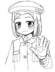  beret blush closed_mouth collared_jacket collared_shirt commentary_request etori fate/grand_order fate_(series) female forehead gloves greyscale hand_up hat jacket long_sleeves looking_at_viewer monochrome parted_bangs paul_bunyan_(fate) shirt short_hair simple_background smile solo white_background 