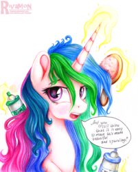  2015 alicorn brush bust_portrait colored_pencil colored_pencil_(artwork) dialogue english_text equid equine eyebrows eyelashes female feral friendship_is_magic glowing glowing_horn hair hairspray hasbro hi_res horn levitation long_hair looking_at_viewer magic mammal multicolored_hair my_little_pony mythological_creature mythological_equine mythology nude open_mouth portrait princess_celestia_(mlp) question_mark rainbow_hair simple_background solo speech_bubble talking_to_viewer teeth text tongue traditional_media_(artwork) url vird-gi white_background wings 