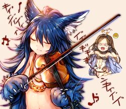  2girls @_@ absurdres animal_ear_fluff animal_ears animal_hands beamed_eighth_notes beige_background black_gloves blue_hair brown_hair claws closed_eyes commentary_request eighth_note fenrir_(shingeki_no_bahamut) gloves granblue_fantasy hair_between_eyes hairband highres instrument long_hair multiple_girls music musical_note navel novei_(granblue_fantasy) playing_instrument purple_eyes scroll star_(symbol) sukemyon wolf_ears 