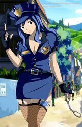  blue_hair breasts cleavage fairy_tail female handcuffs juvia_loxar legwear long_hair medium_breasts police_uniform smile smirk solo standing tattoo thighs 