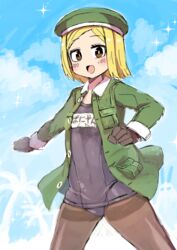  :d beret black_one-piece_swimsuit blonde_hair blue_sky blush brown_eyes brown_gloves brown_pantyhose cloud collared_jacket commentary_request day etori fate/grand_order fate_(series) female forehead gloves green_hat green_jacket hat jacket long_sleeves looking_at_viewer name_tag old_school_swimsuit one-piece_swimsuit open_clothes open_jacket open_mouth outdoors pantyhose pantyhose_under_swimsuit parted_bangs paul_bunyan_(fate) school_swimsuit sky smile solo sparkle swimsuit translation_request 