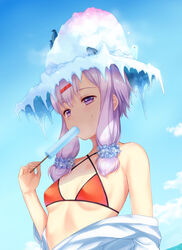  alternate_costume bare_shoulders bikini bird blue_scrunchie blue_sky breasts cloud commentary_request criss-cross_halter day eating female food hair_ornament hair_ribbon hair_scrunchie hairclip halterneck hat highres ice kogara_(frenzied_kotori) okhotsk_yukari open_clothes open_mouth open_shirt outdoors penguin photoshop_(medium) popsicle purple_eyes purple_hair red_bikini ribbon scrunchie shaved_ice shirt short_hair_with_long_locks sidelocks sky small_breasts snow_on_head solo sweat swimsuit tress_ribbon vocaloid voiceroid yuzuki_yukari 