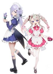  2girls absurdres apron bad_id bad_twitter_id black_bow black_legwear black_ribbon blue_dress blue_nails bow collared_dress commentary_request dress grey_hair hair_ornament hair_over_one_eye hair_ribbon hairbow hairclip herme_(ohisashiburi) highres ice_cream_cone long_hair long_sleeves looking_at_viewer multiple_girls nail_polish ohisashiburi open_mouth original pink_dress puffy_short_sleeves puffy_sleeves purple_eyes purple_hair purple_hair_girl_(ohisashiburi) ribbon short_sleeves simple_background teeth thighhighs tongue tongue_out white_apron white_background white_bow white_legwear wristband 