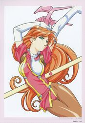  1990s_(style) absurdres arms_up breasts elbow_gloves female gloves green_eyes helmet highres holding idol_janshi_suchie-pai leotard lips long_hair medium_breasts misaki_kyouko_(suchie-pai) official_art orange_hair page_number paint.net_(medium) pantyhose pelvic_curtain puffy_sleeves retro_artstyle scan shiny_clothes short_sleeves simple_background smile solo sonoda_ken&#039;ichi suchie-pai unworn_headwear unworn_helmet white_background white_gloves 