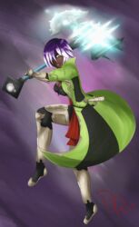  armor axe dante_redstone dark_skin female final_fantasy_xiv green_eyes purple_hair 