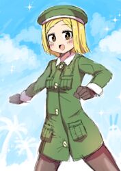  :d beret blonde_hair blue_sky blush brown_eyes brown_gloves brown_pantyhose cloud collared_jacket commentary_request day etori fate/grand_order fate_(series) female forehead gloves green_hat green_jacket hat jacket long_sleeves looking_at_viewer open_mouth outdoors pantyhose parted_bangs paul_bunyan_(fate) sky smile solo sparkle 