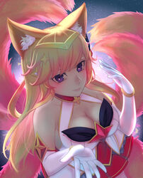  ahri alternate_costume alternate_hair_color breasts cleavage female fox_ears fox_tail league_of_legends lips long_hair looking_at_viewer magical_girl peach_hair purple_eyes smile solo star_guardian_ahri tiara 