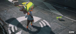  1boy autobomb_(splatoon) commentary_request full_body green_hair grey_eyes headphones highres inkbrush_(splatoon) inkling inkling_boy inkling_player_character male_focus photoshop_(medium) rounin_(amuza) solo splatoon_(series) splatoon_2 standing tentacle_hair 