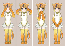  animal_ears black_eyes blush circlet commentary covering_crotch covering_own_ears covering_own_eyes covering_own_mouth covering_privates elbow_gloves female full_body gloves golden_snub-nosed_monkey_(kemono_friends) highleg highleg_leotard kemono_friends leotard looking_at_viewer momosuke_(ishakry) monkey_ears monkey_tail multiple_views orange_gloves orange_hair orange_thighhighs tail thighhighs three_monkeys 