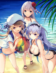  3girls akanebi alternate_costume ass azur_lane bad_id bad_pixiv_id ball bare_shoulders beach beachball belfast_(azur_lane) beret bikini black_bikini blonde_hair blue_bikini blue_eyes blue_sky blush braid breasts chains choker cleavage cloud collar collarbone commentary_request cucouroux_(granblue_fantasy) day french_braid frills granblue_fantasy hair_ornament hair_ribbon hat highres holding holding_ball large_breasts leaning_forward long_hair looking_at_viewer medium_breasts mole mole_under_eye multiple_girls ocean open_mouth outdoors palm_leaf ribbon sand sandals shoukaku_(azur_lane) sky smile swimsuit thighs twintails waves white_hair 