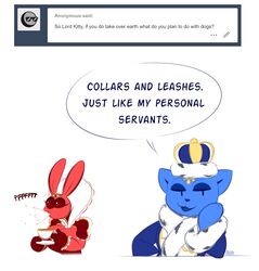  2018 anon anthro ask_blog averyshadydolphin blue_body blue_fur breasts bunny_(averyshadydolphin) cleavage clothed clothing domestic_cat duo english_text felid feline felis female fur kitty_(averyshadydolphin) lagomorph leporid mammal pink_body pink_fur queen rabbit royalty short_stack simple_background speech_bubble spit-take text tumblr user_avatar white_background 