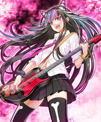  :d black_hair black_skirt black_thighhighs bracelet commentary_request danganronpa_(series) danganronpa_2:_goodbye_despair female floating_hair from_below guitar hair_horns holding holding_instrument instrument jewelry long_hair looking_at_viewer minamibe miniskirt mioda_ibuki multicolored_hair navel necktie open_mouth piercing pink_eyes pleated_skirt purple_necktie ring shirt skirt smile solo standing thighhighs very_long_hair white_shirt zettai_ryouiki 