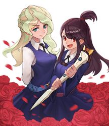  2girls blue_eyes blush breasts brown_hair chinese_commentary closed_mouth commentary diana_cavendish flower highres kagari_atsuko large_breasts light_green_hair little_witch_academia long_hair looking_at_viewer luna_nova_school_uniform multiple_girls photoshop_(medium) red_eyes red_flower red_rose rose school_uniform shiny_rod_(little_witch_academia) smile ziongqian 