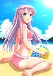  bad_id bad_pixiv_id ball barefoot beach bikini blue_eyes cloud commentary_request day female highres long_hair ocean original outdoors purple_hair sitting sky smile solo swimsuit telaform wariza water wet 