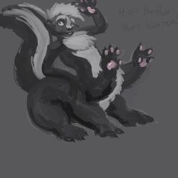  1:1 black_nose fur grey_background hair hextaur long_taur male mammal mammal_taur mephitid mephitid_taur multi_leg multi_limb nude pawpads paws simple_background skunk skunk_taur solo taur text uniformvixen 