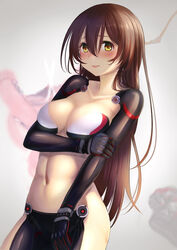  android arm_under_breasts black_gloves black_pants blush breast_hold breasts brown_hair cleavage collarbone commentary_request cowboy_shot elbow_gloves female frown gloves gradient_background grey_background hair_between_eyes hand_on_own_arm highres hololive koko_(koko3) long_hair looking_at_viewer mechanical_arms mechanical_legs medium_breasts navel nose_blush nude pants revealing_clothes roboco-san solo stomach tareme very_long_hair virtual_youtuber yellow_eyes 