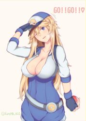  ! arm_at_side baseball_cap belt blonde_hair blue_eyes blue_gloves blush breasts casual commentary_request copyright_name cosplay covered_navel cowboy_shot cropped_jacket female female_protagonist_(pokemon_go) female_protagonist_(pokemon_go)_(cosplay) fingerless_gloves gloves hair_between_eyes hand_up hat highres holding holding_phone holding_poke_ball iowa_(kancolle) kantai_collection large_breasts long_hair looking_at_viewer mino_kureha one_eye_closed phone poke_ball pokemon pokemon_go short_jumpsuit skin_tight sleeves_past_elbows smile solo star-shaped_pupils star_(symbol) symbol-shaped_pupils twitter_username 