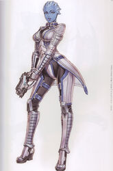  absurdres alien asari_(mass_effect) blue_eyes blue_lips blue_skin bodysuit boots breasts character_name colored_skin contrapposto female full_body gloves gun handgun high_heels highres holding holding_gun holding_weapon legs_apart liara_t&#039;soni lipstick looking_at_viewer m-5_phalanx makeup mass_effect_(series) mass_effect_2 medium_breasts non-web_source parted_lips photoshop_(medium) scan scan_artifacts solo standing trigger_discipline turtleneck v_arms weapon white_background yamashita_shun&#039;ya 