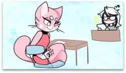  2016 alpha_channel andogg anthro blue_eyes blush chair cheat clothed clothing crossed_legs desk digital_media_(artwork) domestic_cat dress duo felid feline felis female fur furniture hi_res long_tail mammal math_test shaded shima_luan sitting super_planet_dolan table tail teacher 