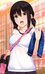  bag bangs between_breasts black_hair blue_bra bra brand_name_imitation breasts collarbone commentary_request eyebrows_visible_through_hair gym_uniform hair_between_eyes highres holding holding_towel indoors looking_at_viewer medium_breasts mizuno open_mouth original see-through shirt short_twintails shoulder_bag sidelocks solo strap_cleavage t-shirt takocha teeth towel twintails underwear white_shirt yellow_eyes 