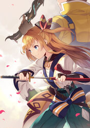  1boy ahoge akanebi blonde_hair blue_eyes bridal_gauntlets brown_gloves collarbone commentary_request female floating_hair from_side gloves gran_(granblue_fantasy) granblue_fantasy green_hakama grey_background hair_ribbon hakama hakama_skirt highres holding holding_sheath holding_sword holding_weapon japanese_clothes katana kimono long_hair mechanic_(granblue_fantasy) mirin_(granblue_fantasy) petals red_ribbon ribbon sarashi sheath skirt smile solo_focus sword unsheathing weapon white_kimono 