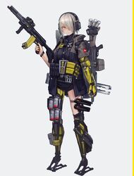  assault_rifle commentary cyberpunk cyborg explosive female full_body grenade grey_hair gun hair_over_one_eye highres holding holding_gun holding_weapon knife machine_gun magazine_(weapon) mecha_musume mechanical_arms mechanical_legs mihato_senba original prosthesis rifle short_hair simple_background single_mechanical_arm solo trigger_discipline weapon yellow_eyes 